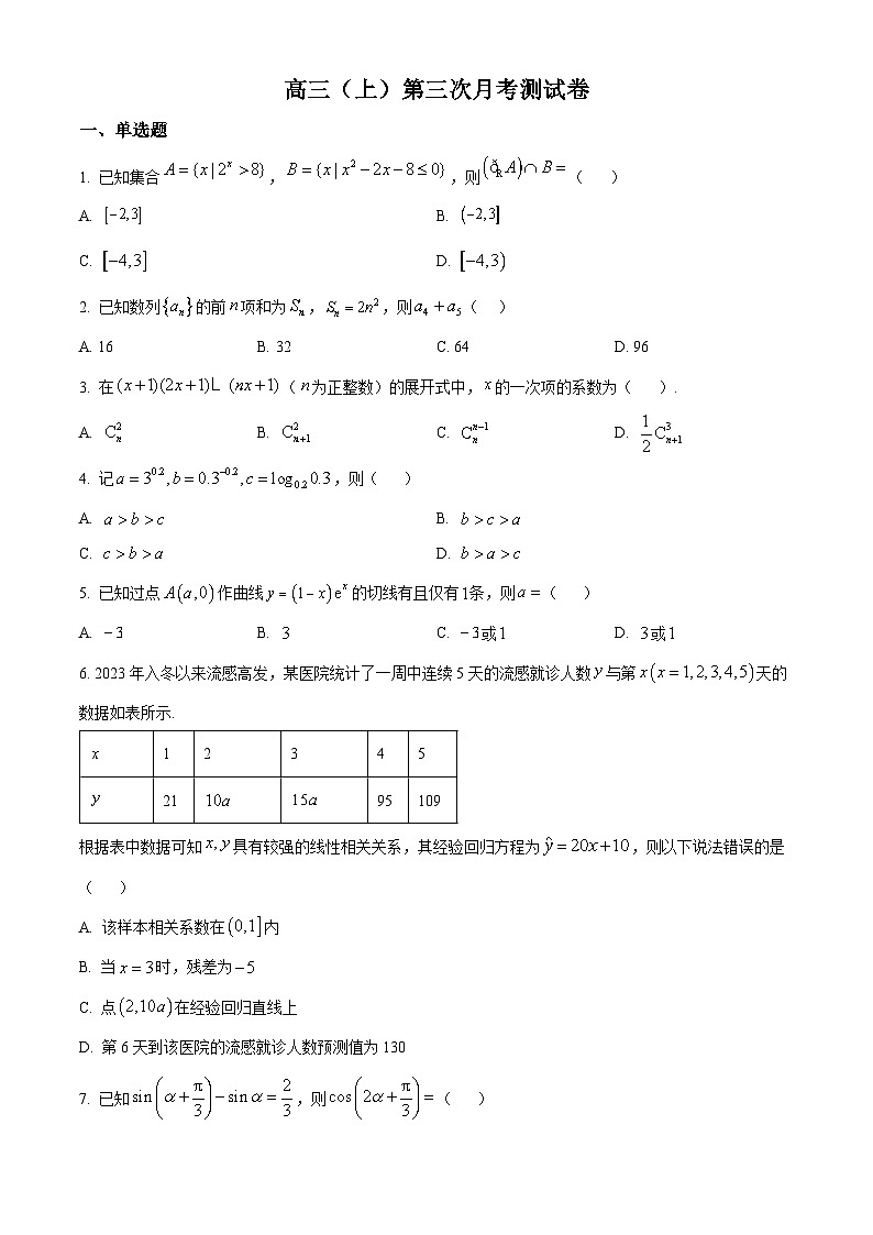 四川省内江市第六中学2025届高三上学期第三次月考数学试题 Word版无答案第1页