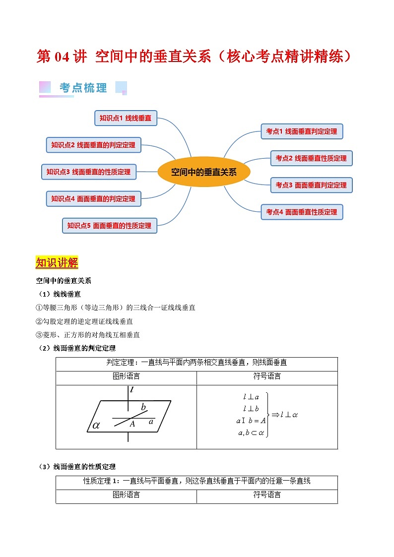 新高考数学一轮复习精品讲练测第7章第04讲 空间中的垂直关系(教师版)第1页
