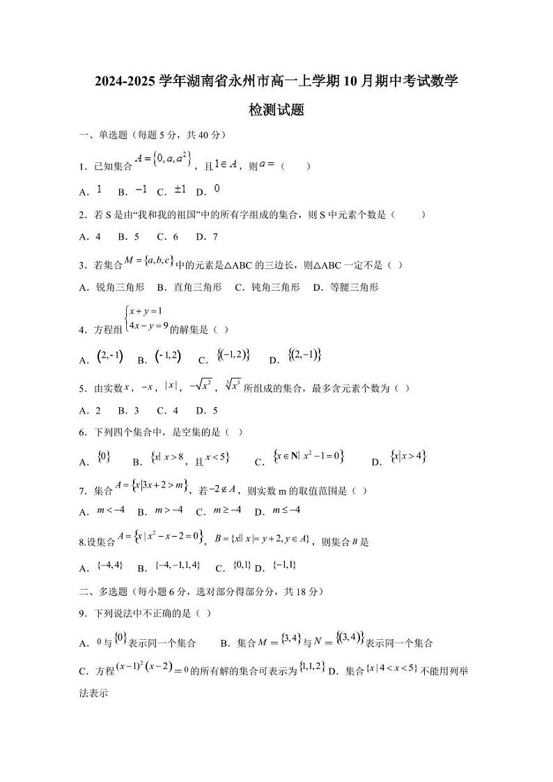 2024-2025学年湖南省永州市高一上学期10月期中考试数学检测试题(含解析)第1页