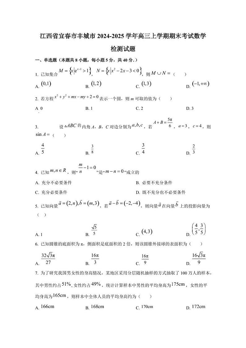 江西省宜春市丰城市2024-2025学年高三上学期期末考试数学检测试题(附解析)第1页