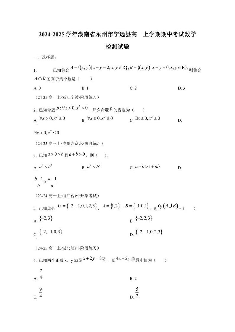 2024-2025学年湖南省永州市宁远县高一上学期期中考试数学检测试题第1页