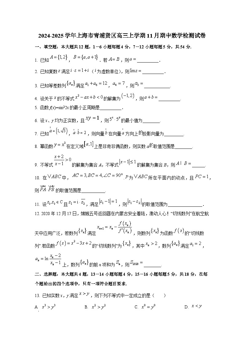 2024-2025学年上海市青浦贤区高三上册11月期中数学检测试卷(含解析)第1页
