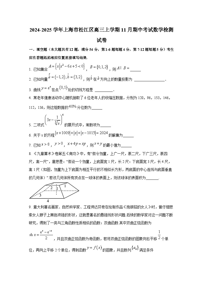 2024-2025学年上海市松江区高三上册11月期中考试数学检测试卷第1页