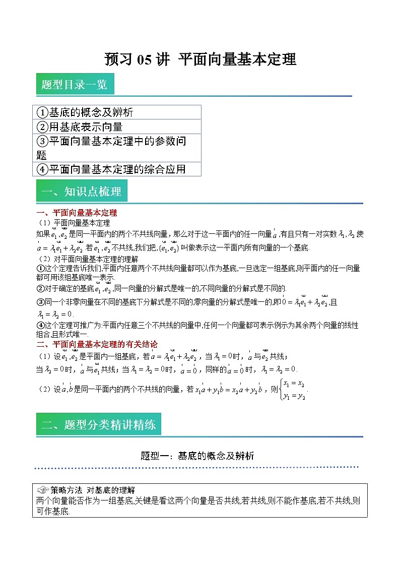 (预习)2025年高一数学寒假讲义+随堂检测 第05讲 平面向量基本定理(原卷版)第1页