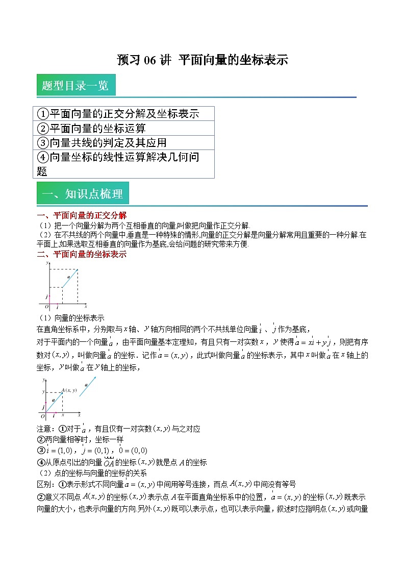 (预习)2025年高一数学寒假讲义+随堂检测 第06讲 平面向量的坐标表示(原卷版)第1页