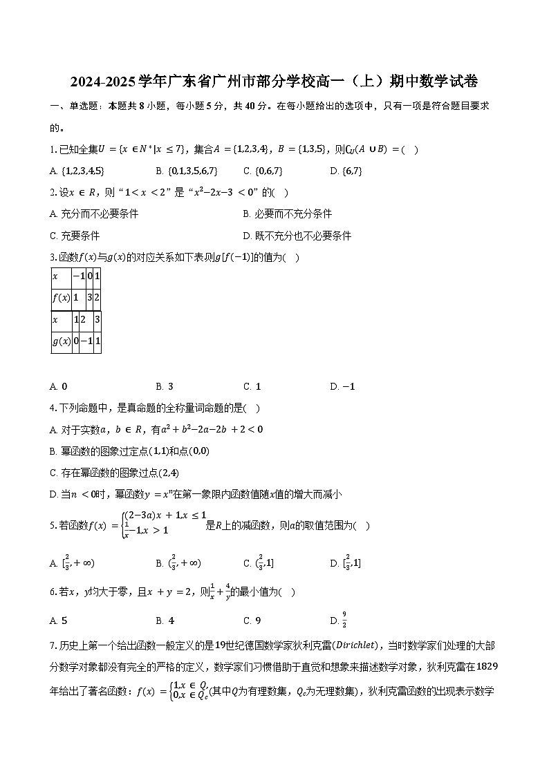 2024-2025学年广东省广州市部分学校高一(上)期中数学试卷(含答案)第1页