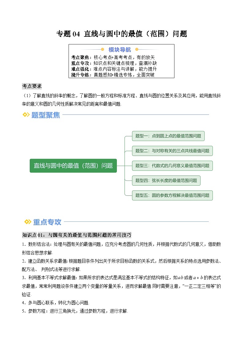 专题04 直线与圆中的最值(范围)问题(思维导图+知识串讲+五大题型+过关检测)(原卷版)第1页