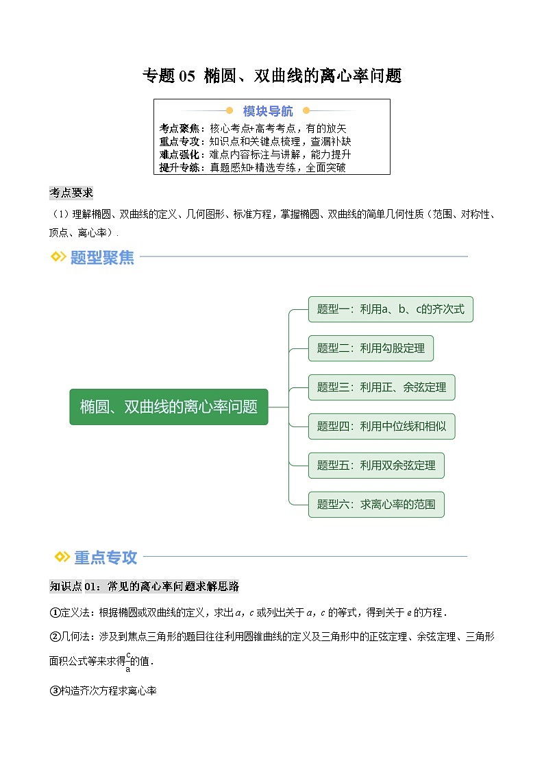 专题05 椭圆、双曲线中的离心率问题(思维导图+知识串讲+六大题型+过关检测)(原卷版)第1页