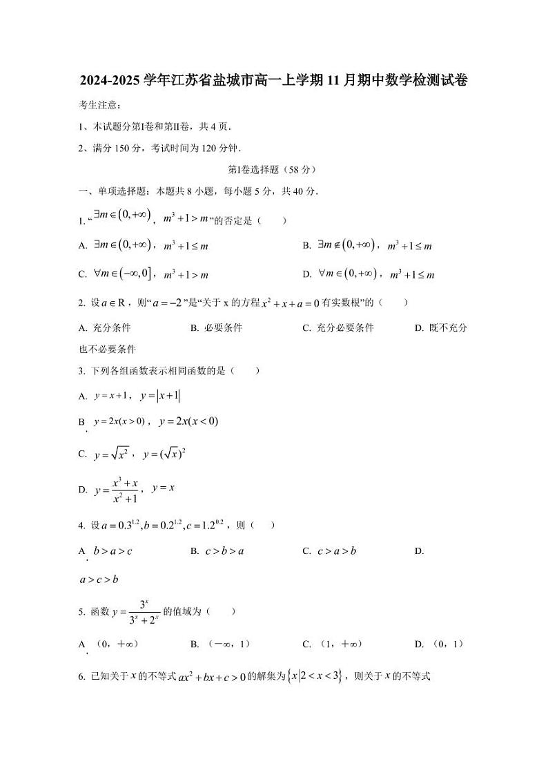 2024-2025学年江苏省盐城市高一上学期11月期中数学检测试卷(含解析)第1页