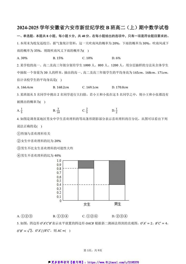 2024~2025学年安徽省六安市新世纪学校B班高二(上)期中数学试卷(含答案)第1页