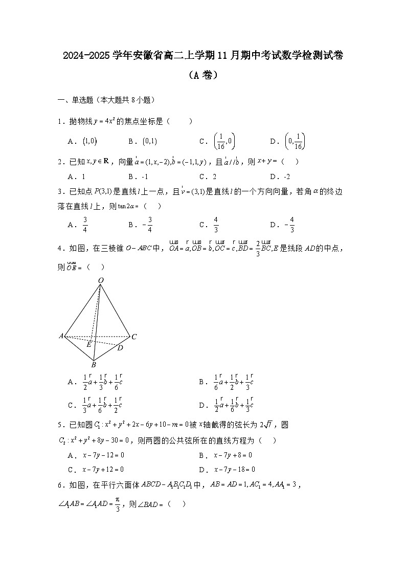 2024-2025学年安徽省高二上册11月期中考试数学检测试卷(A卷)(含解析)第1页