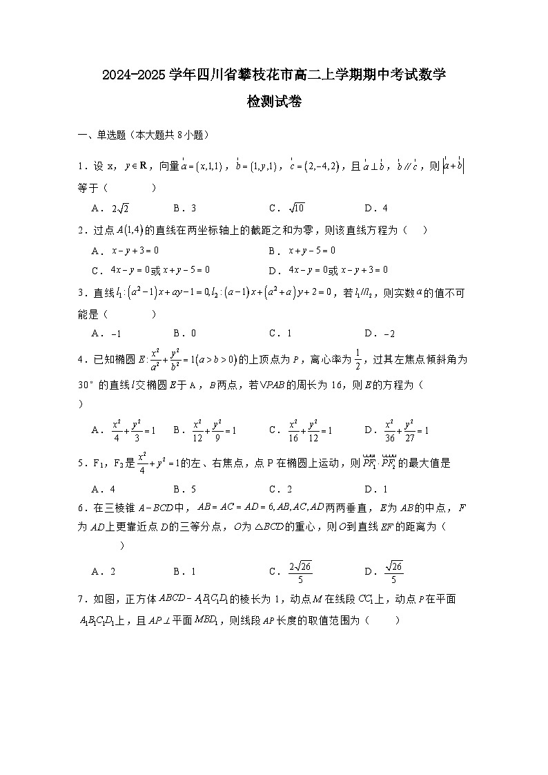 2024-2025学年四川省攀枝花市高二上册期中考试数学检测试卷(含解析)第1页