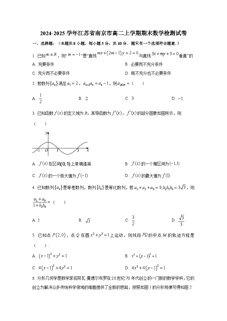 江苏省南京市2024-2025学年高二上册期末数学检测试卷第1页