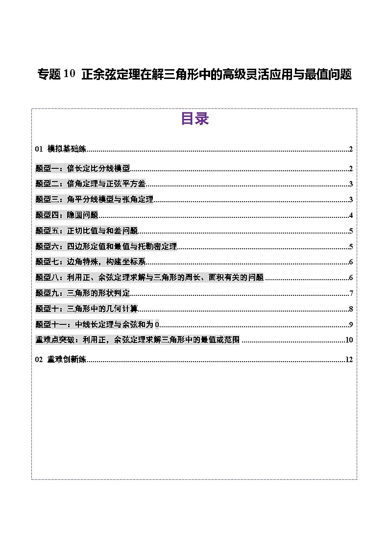 专题10 正余弦定理在解三角形中的高级灵活应用与最值问题(练习)-2025年高考数学二轮复习讲练(新高考通用)(原卷版)第1页
