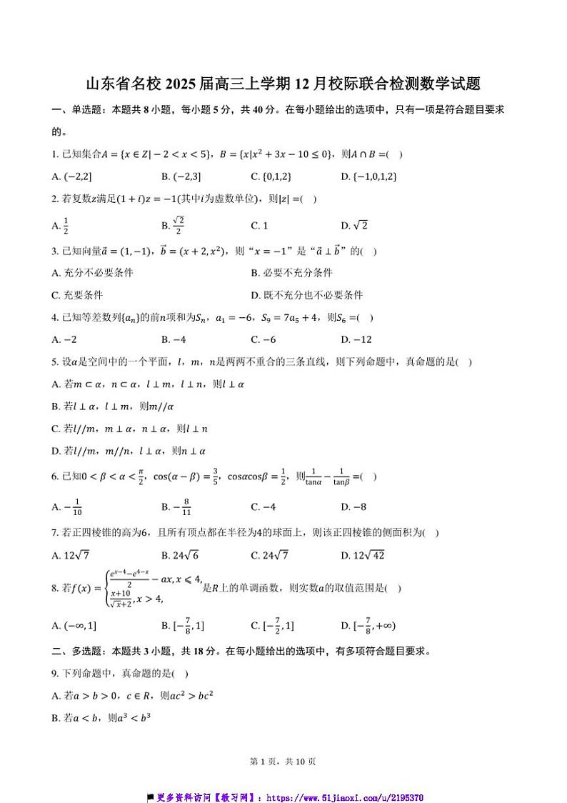 2025届山东省名校高三上12月校际联合检测数学试卷(含答案)第1页