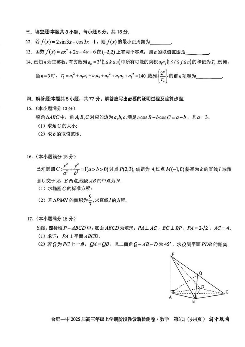 2025届安徽省十联考(月考)合肥市第一中学等校高三上阶段性诊断检测试卷数学(含解析)第3页