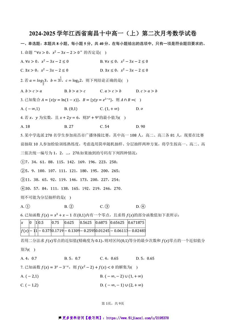2024~2025学年江西省南昌十中高一上()(二)月考数学试卷(含答案)第1页