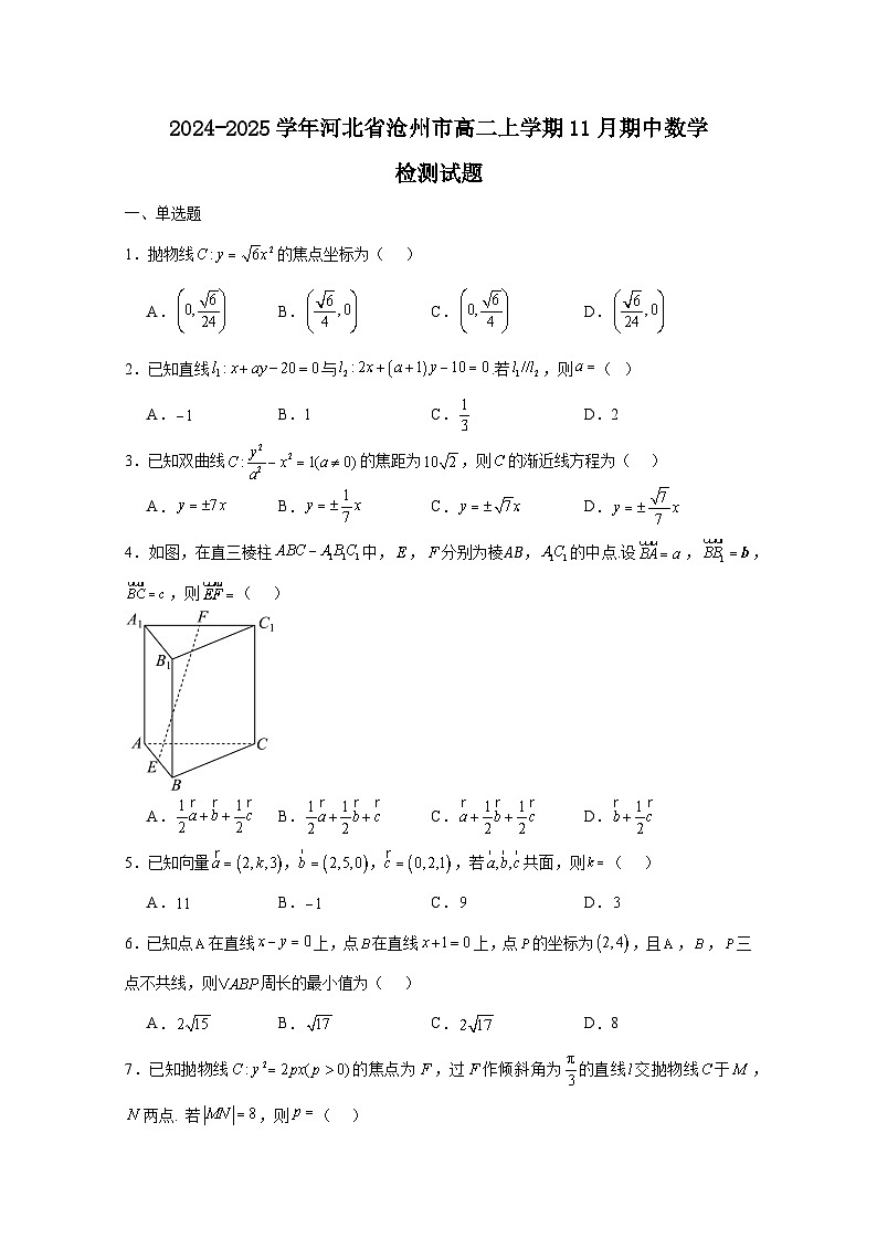 2024-2025学年河北省沧州市高二上学期11月期中数学检测试题(附解析)第1页