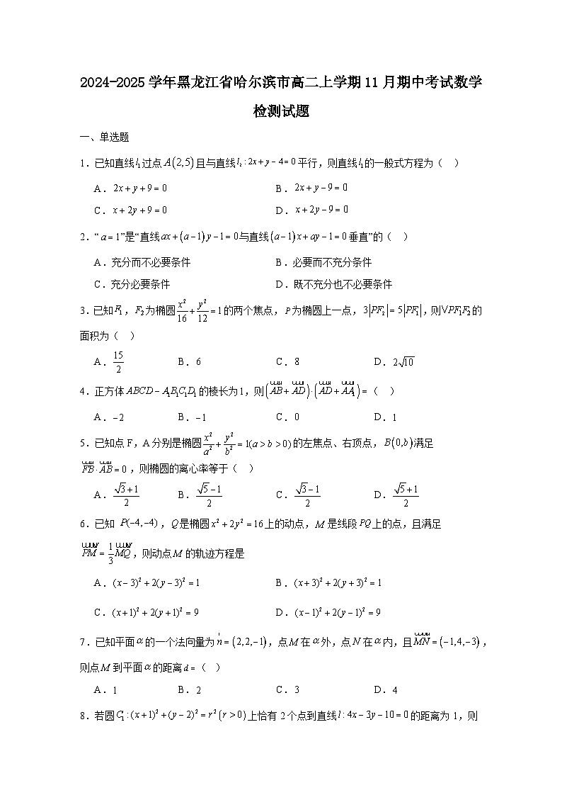 2024-2025学年黑龙江省哈尔滨市高二上学期11月期中考试数学检测试题(附解析)第1页