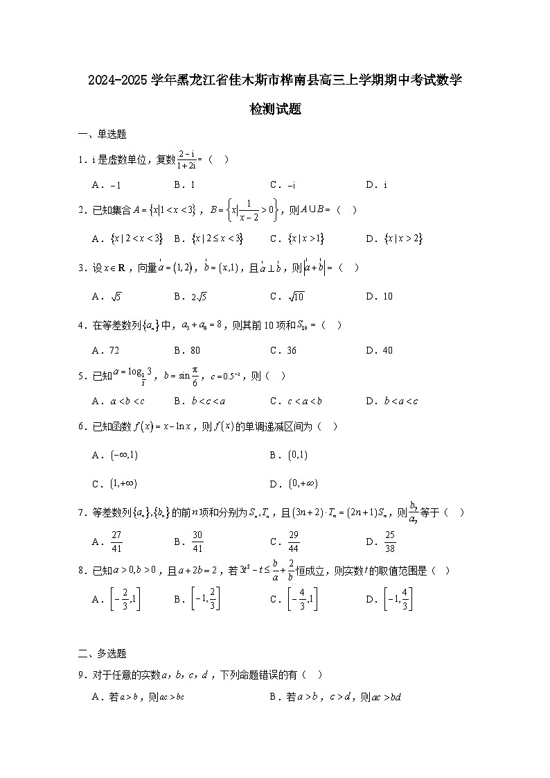 2024-2025学年黑龙江省佳木斯市桦南县高三上学期期中考试数学检测试题(附解析)第1页