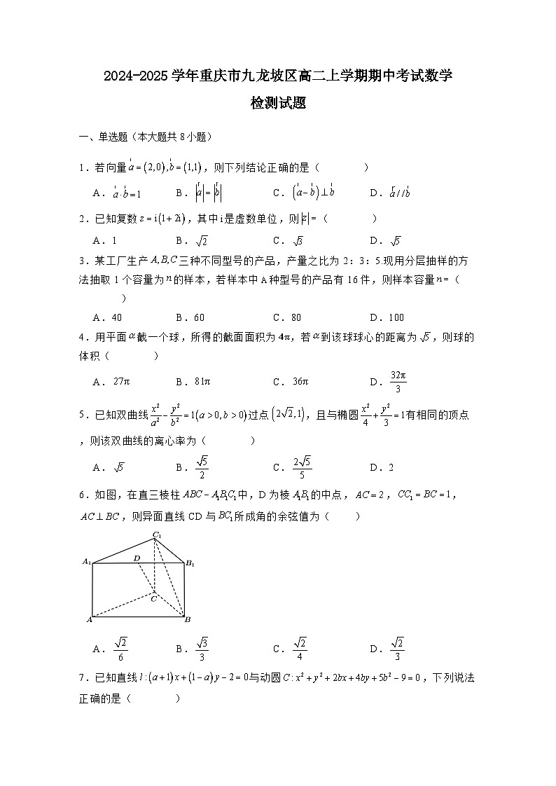 2024-2025学年重庆市九龙坡区高二上学期期中考试数学检测试题(附解析)第1页
