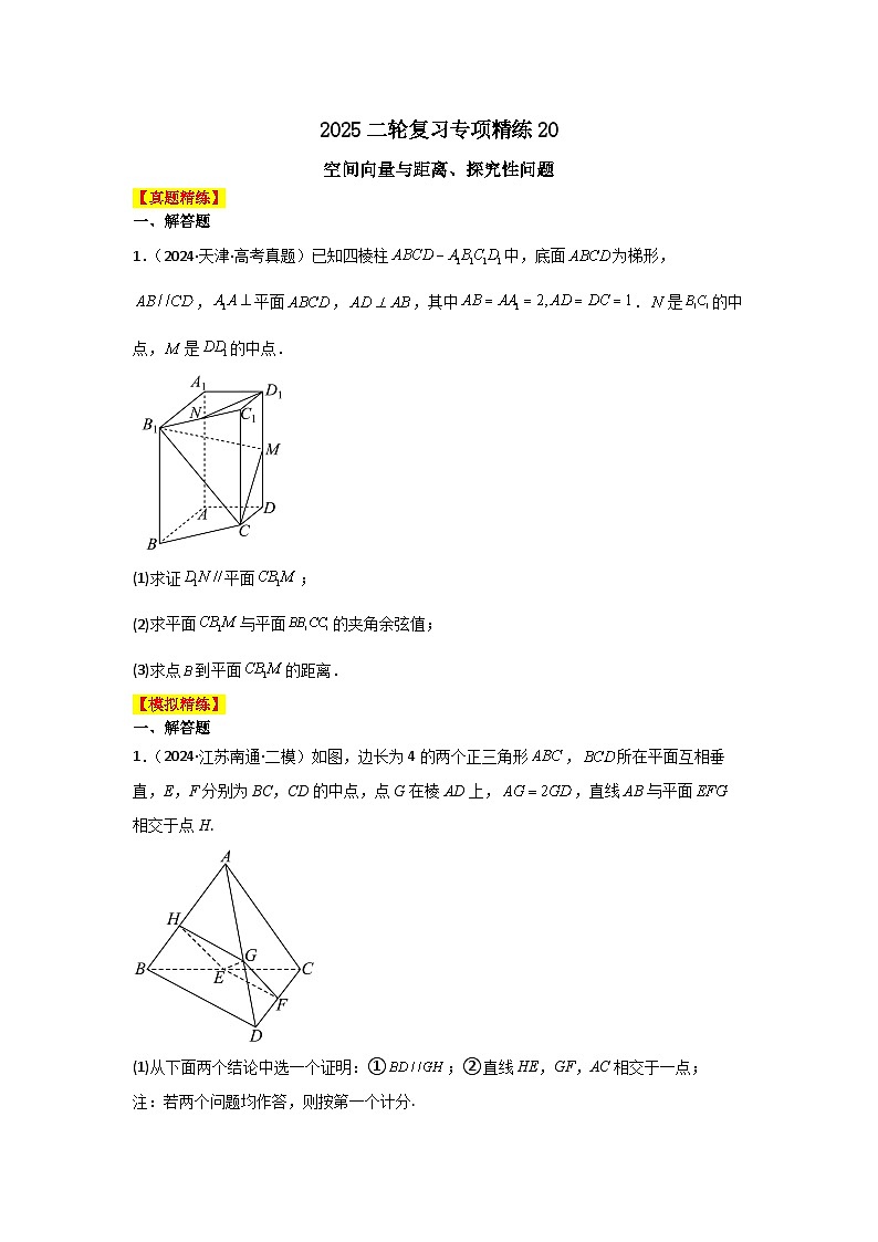 2025二轮复习专项精练20 空间向量与距离、探究性问题(真题精练+模拟精练)原卷版第1页