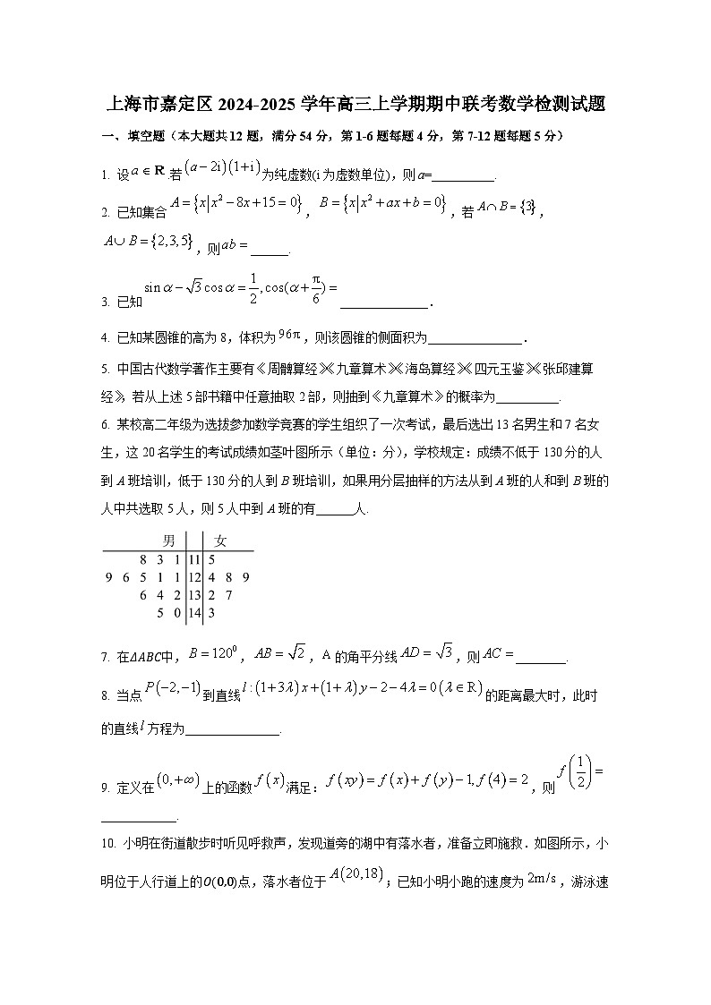 上海市嘉定区2024-2025学年高三上册期中联考数学检测试题第1页