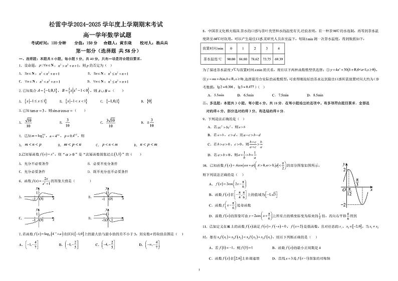 黑龙江省哈尔滨市松雷中学校2024-2025学年高一上学期1月期末考试数学试题第1页