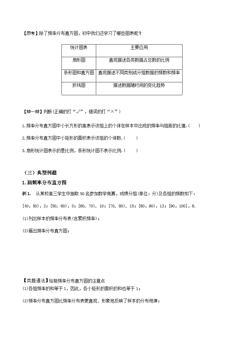 人教A版高中数学(必修第二册)导学案9.2.1总体取值规律的估计(原卷版)第3页