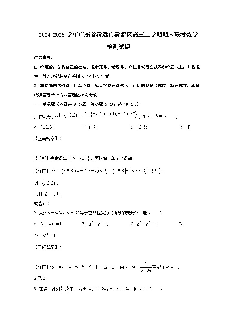 2024-2025学年广东省清远市清新区高三上册期末联考数学检测试题(附解析)第1页