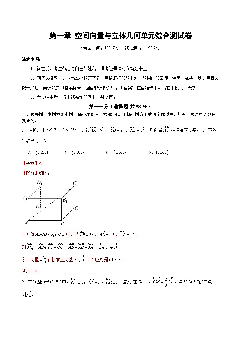 2024-2025学年高二数学同步精品试题(人教A版2019)第一章空间向量与立体几何单元综合测试卷(Word版附解析)第1页