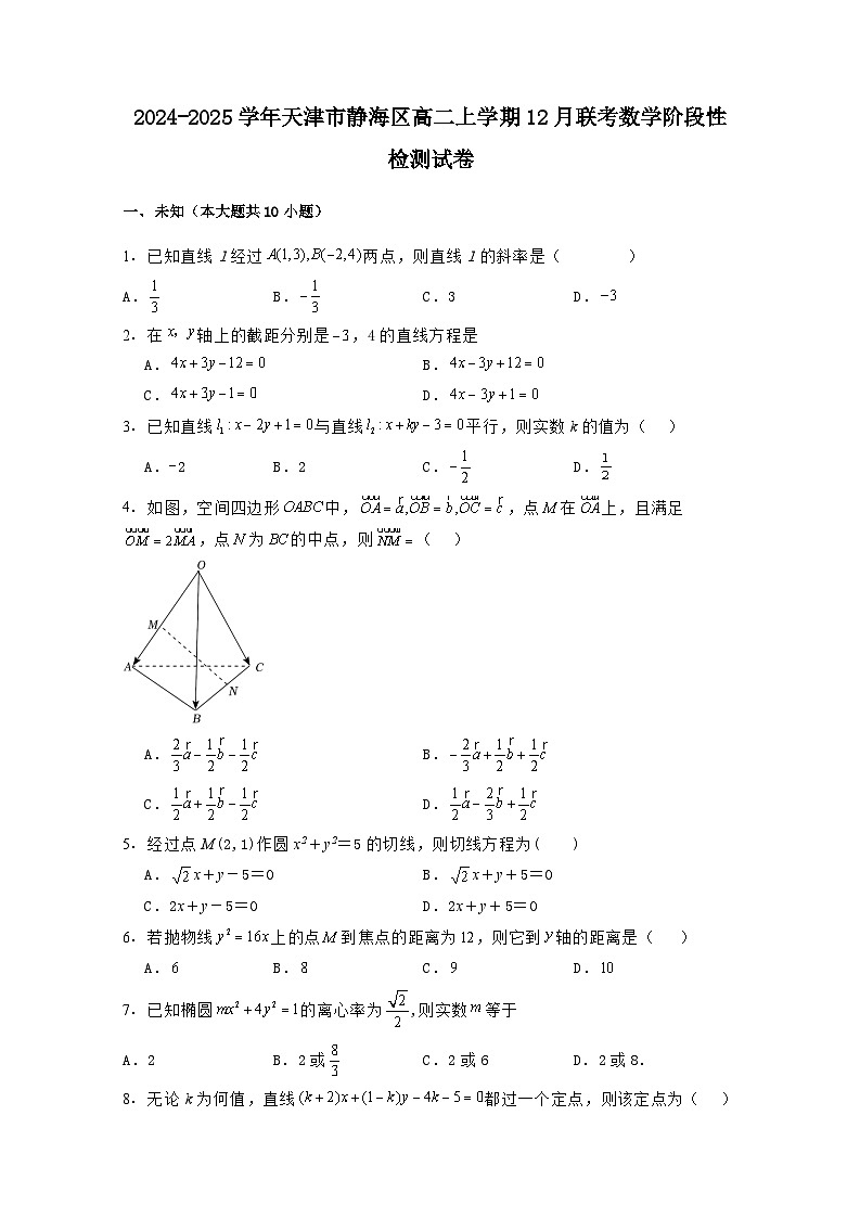 2024-2025学年天津市静海区高二上学期12月联考阶段性检测数学检测试卷(附解析)第1页