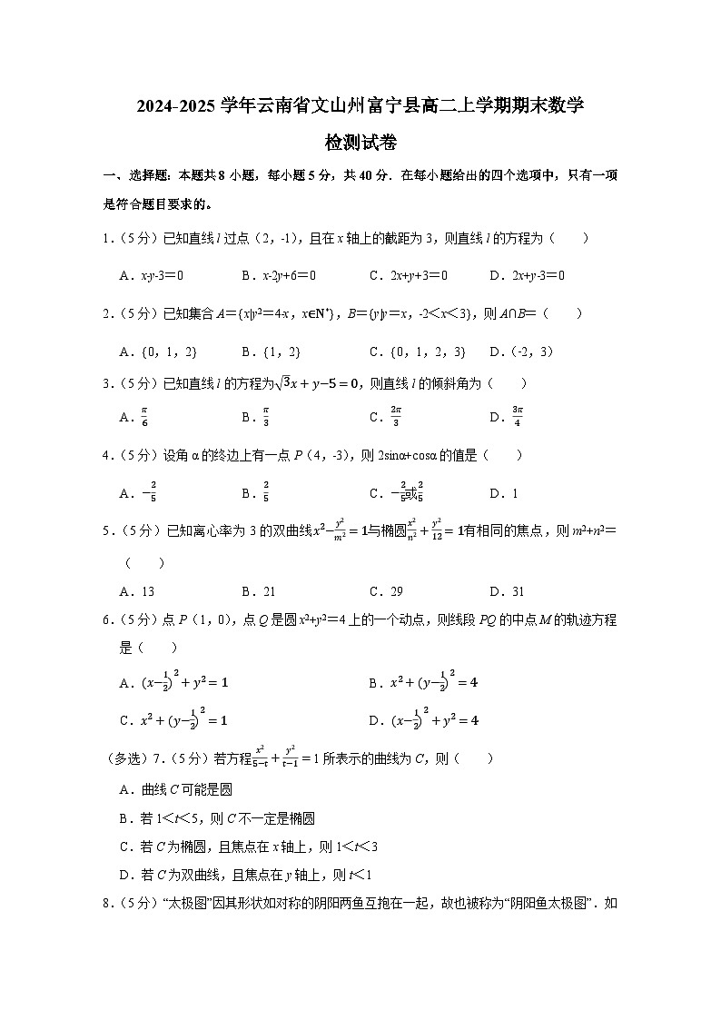 2024-2025学年云南省文山州富宁县高二上学期期末数学检测试卷(附解析)第1页