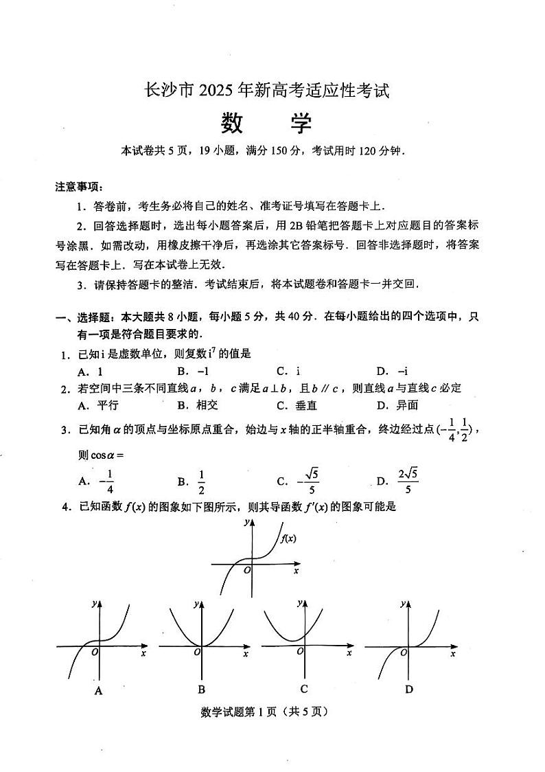 2025届湖南省长沙市高三上学期新高考适应性考试 数学试题(原卷)第2页