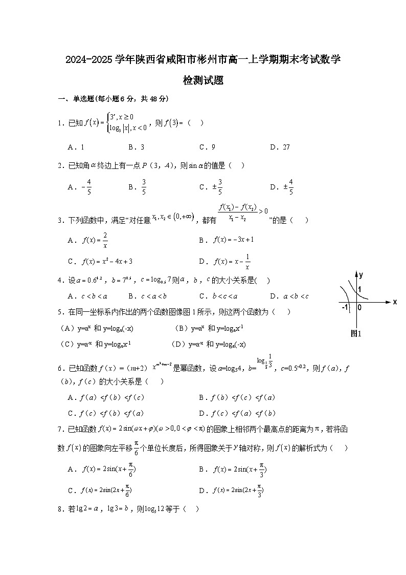2024-2025学年陕西省咸阳市彬州市高一上册期末考试数学检测试题(附解析)第1页