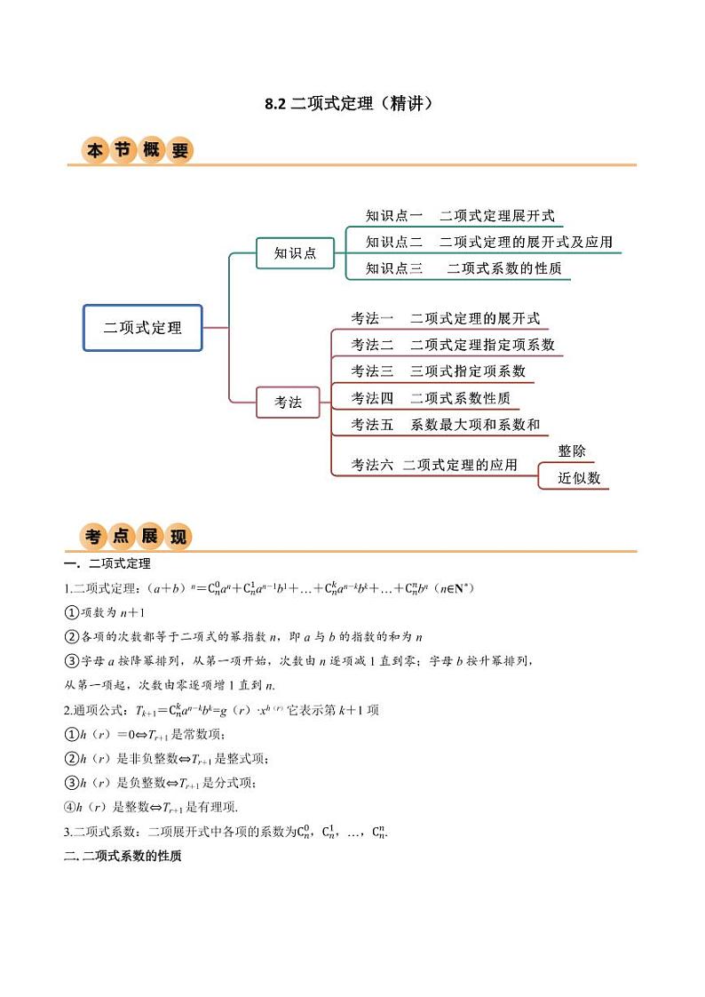 8.2 二项式定理(精讲)(学生版) 2024年高考数学一轮复习一隅三反系列(新高考)第1页