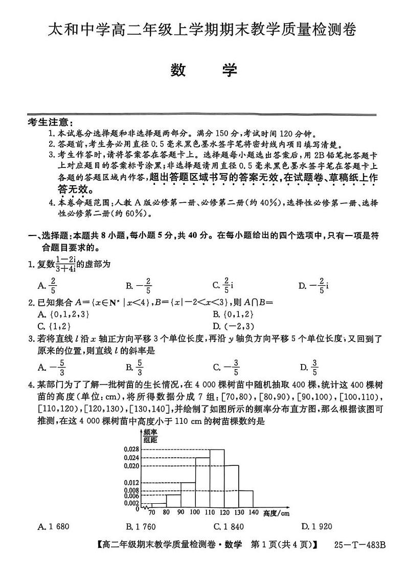 安徽省太和中学2024-2025学年高二上学期1月期末数学试题第1页