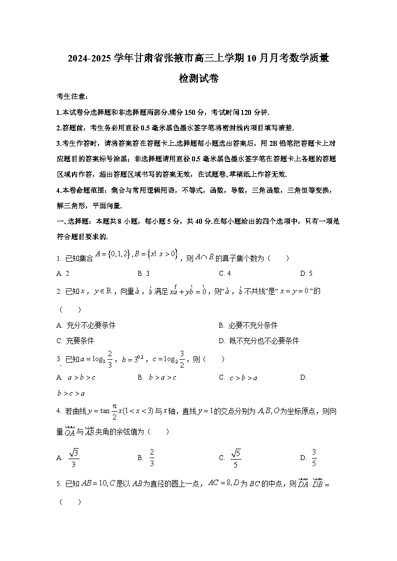 2024-2025学年甘肃省张掖市高三上学期10月月考数学质量检测试卷第1页