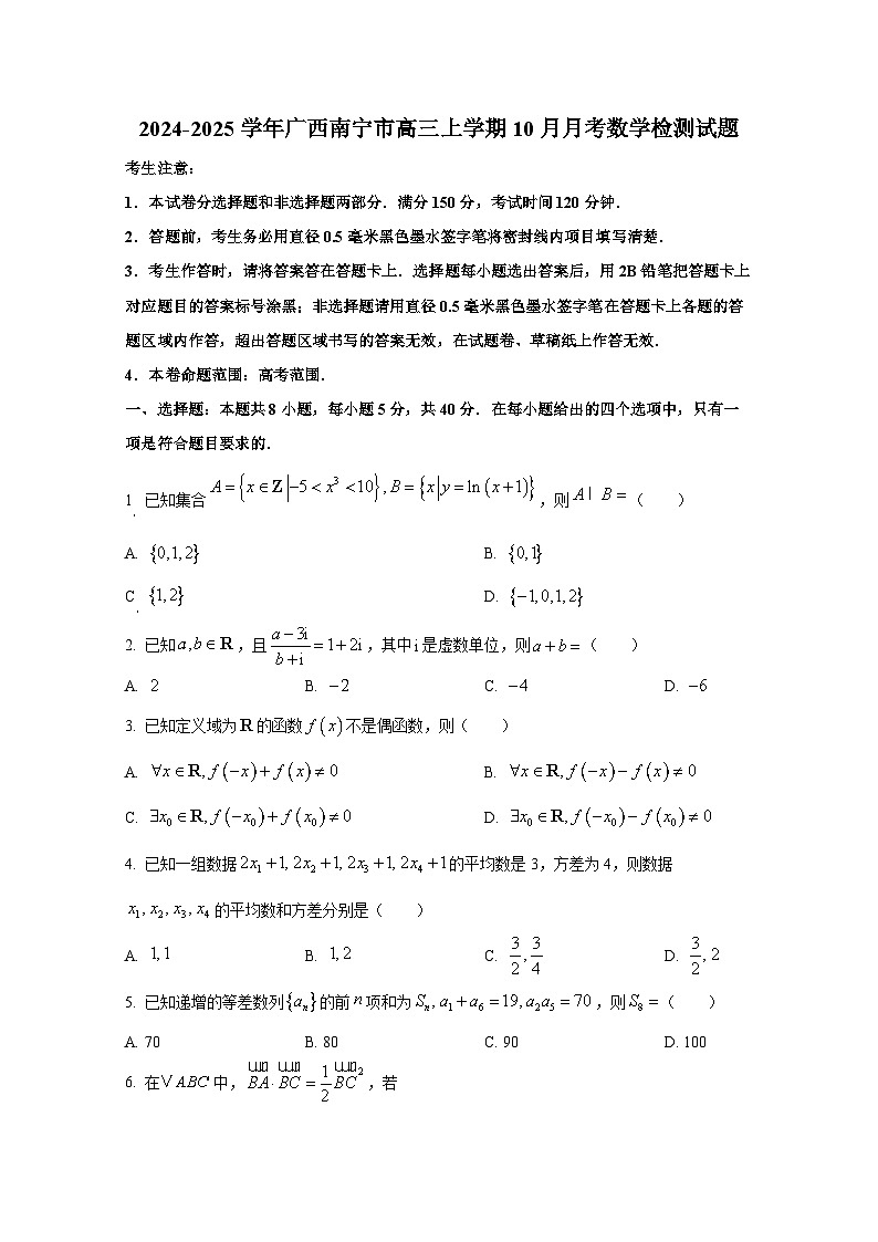 2024-2025学年广西南宁市高三上学期10月月考数学检测试题(含解析)第1页
