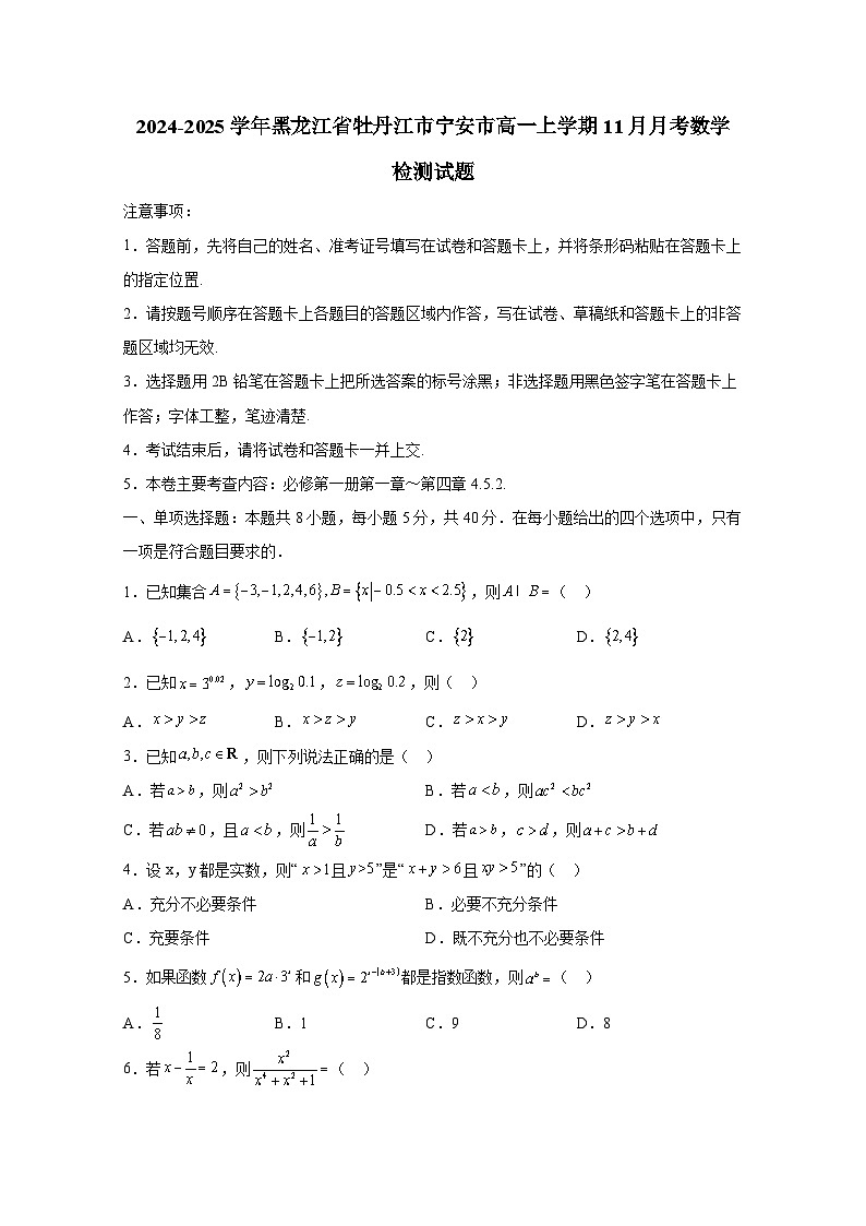 2024-2025学年黑龙江省牡丹江市宁安市高一上学期11月月考数学检测试题(含解析)第1页