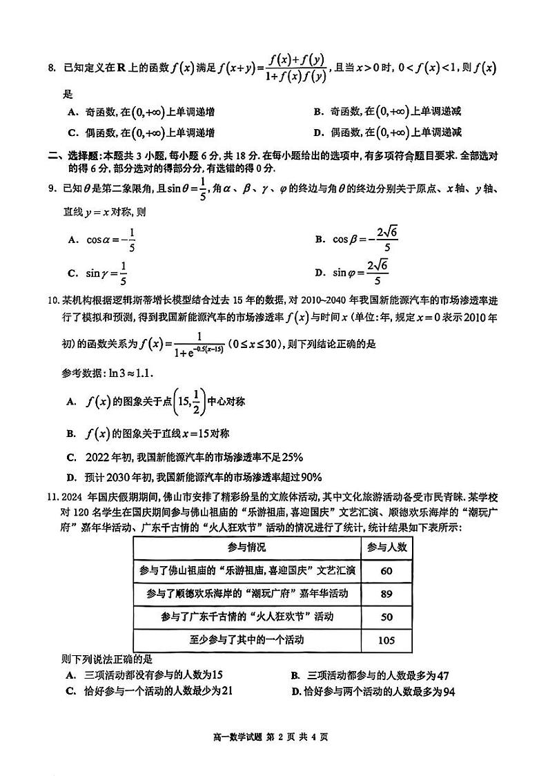 2025-01-21佛山市高一第一学期期末考试数学试卷第2页