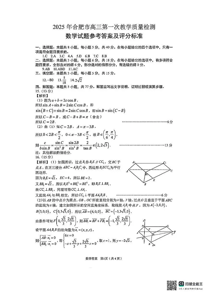 2025年合肥市高三一模数学答案第1页