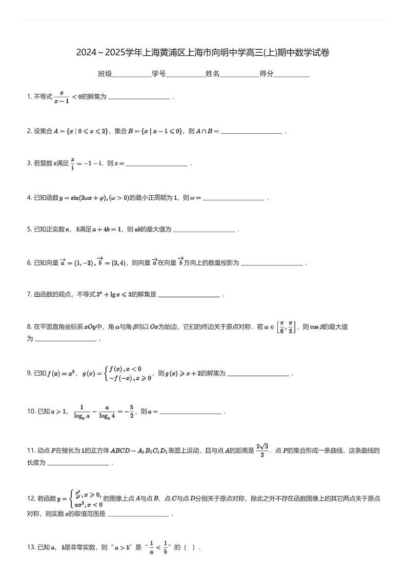 2024~2025学年上海黄浦区上海市向明中学高三(上)期中数学试卷(含解析)第1页
