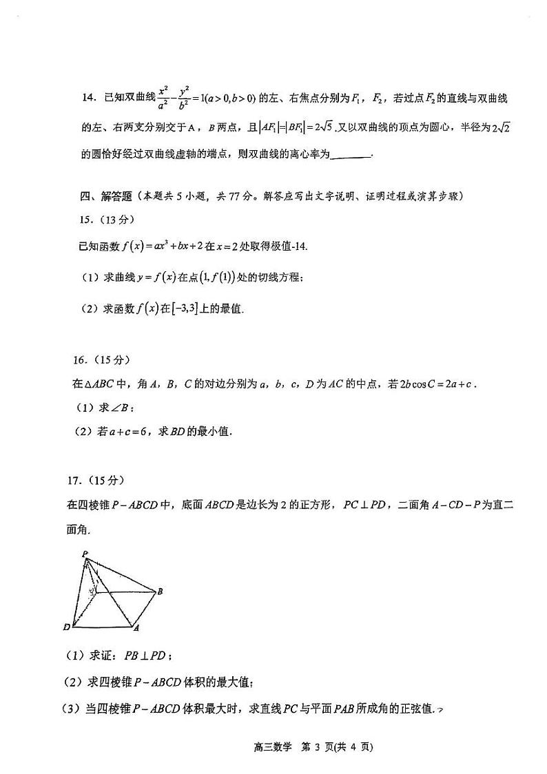 山东省青岛第十九中学2024-2025学年高三上学期期末模块检测数学试题第3页