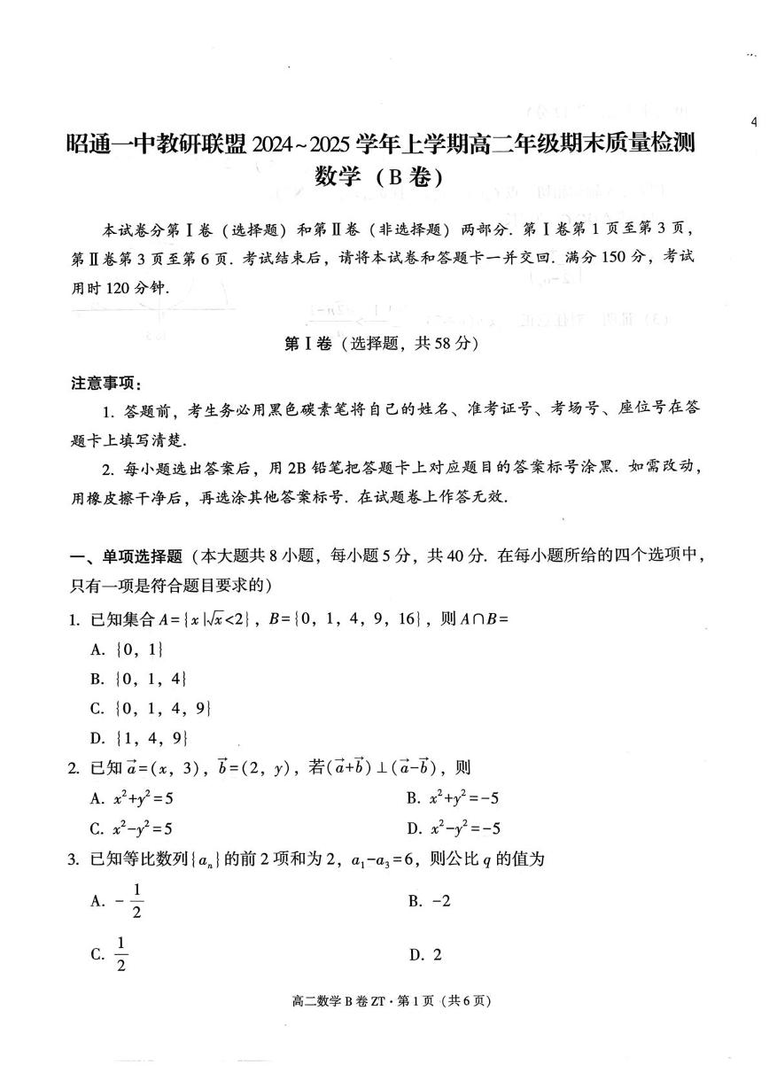 云南省昭通市昭通一中教研联盟2024-2025学年高二上学期期末质量检测数学试题（B卷）