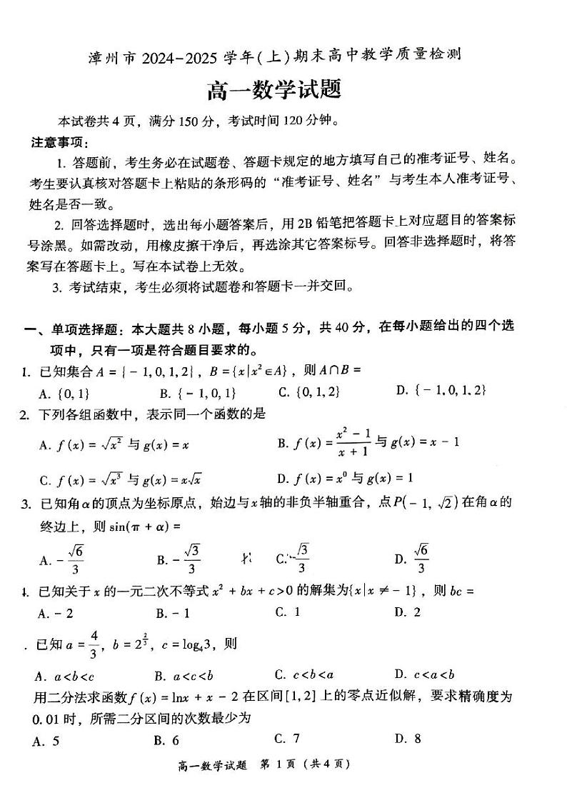 福建省漳州市2024-2025高一上学期期末考数学试卷第1页