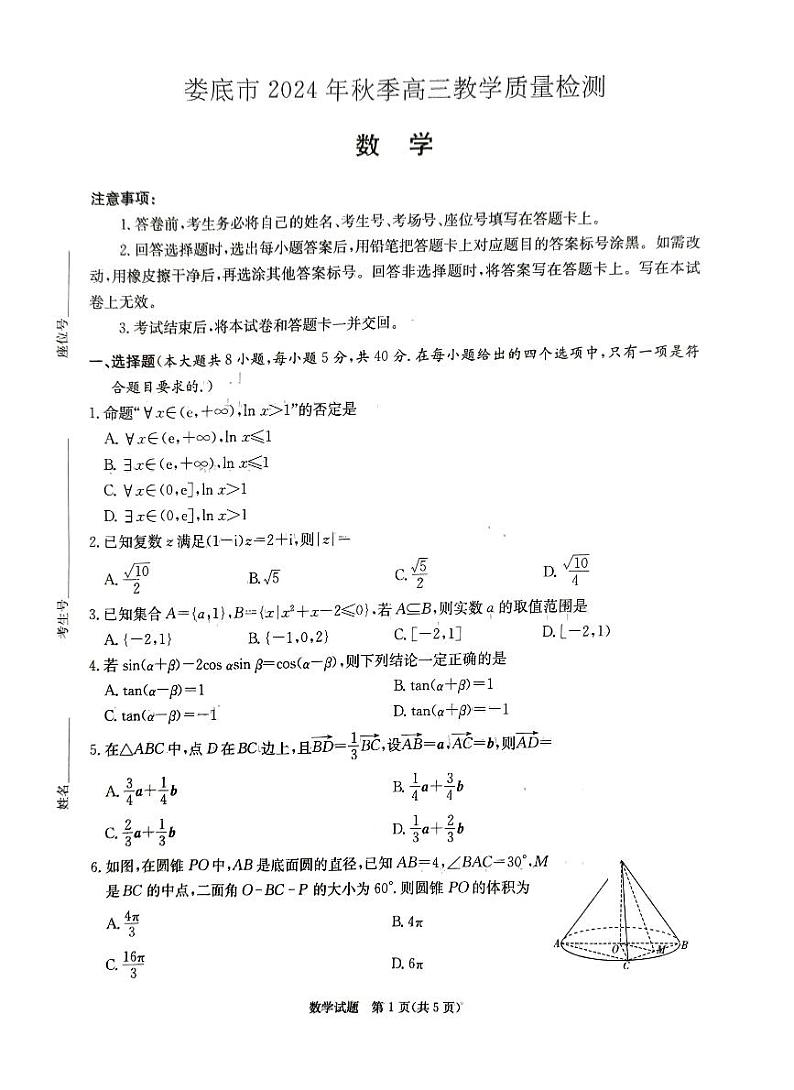 湖南省娄底市2025届高三上学期期末教学质量检测-数学试卷+答案第1页