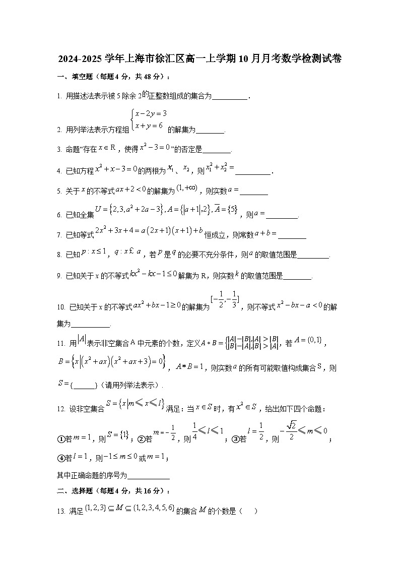 2024-2025学年上海市徐汇区高一上册10月月考数学检测试卷第1页