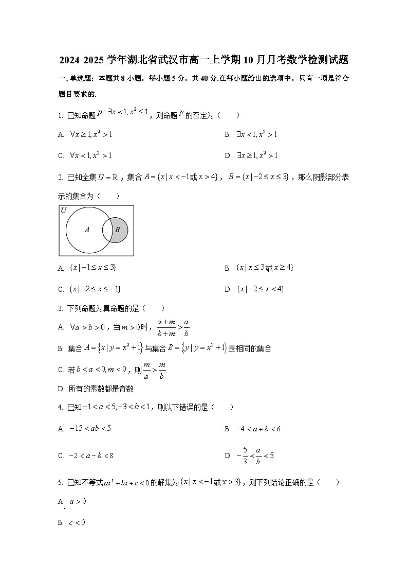 2024-2025学年湖北省武汉市高一上册10月月考数学检测试题第1页