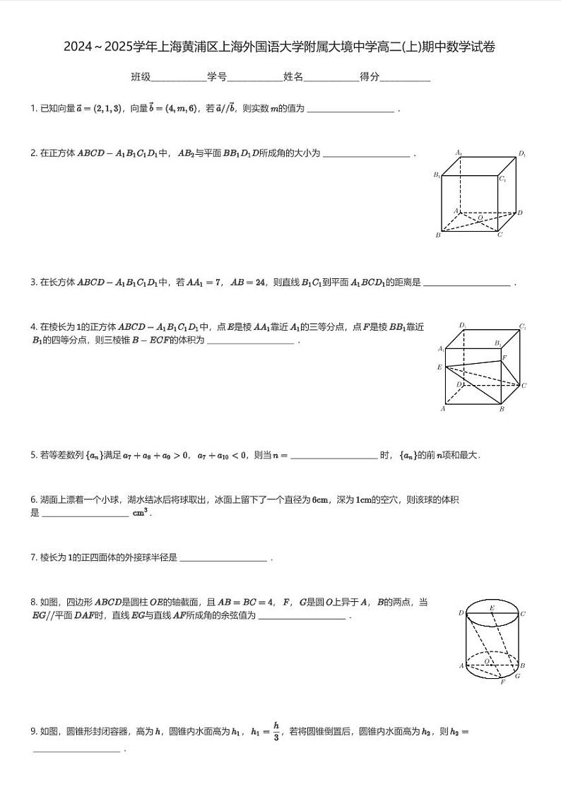 2024~2025学年上海黄浦区上海外国语大学附属大境中学高二(上)期中数学试卷(含解析)第1页